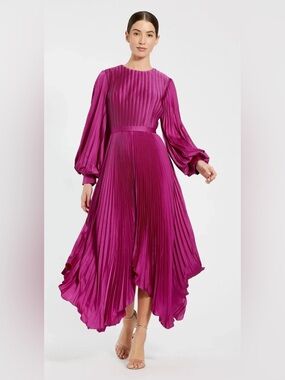 Mac Duggal Fuchsia Pleated Long-Sleeve Handkerchief Hem Dress